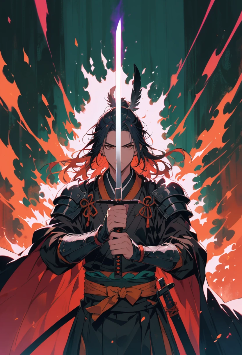 male ronin，has a cape on, Sword in both hands,  Aura, wears armor with raven feathers 