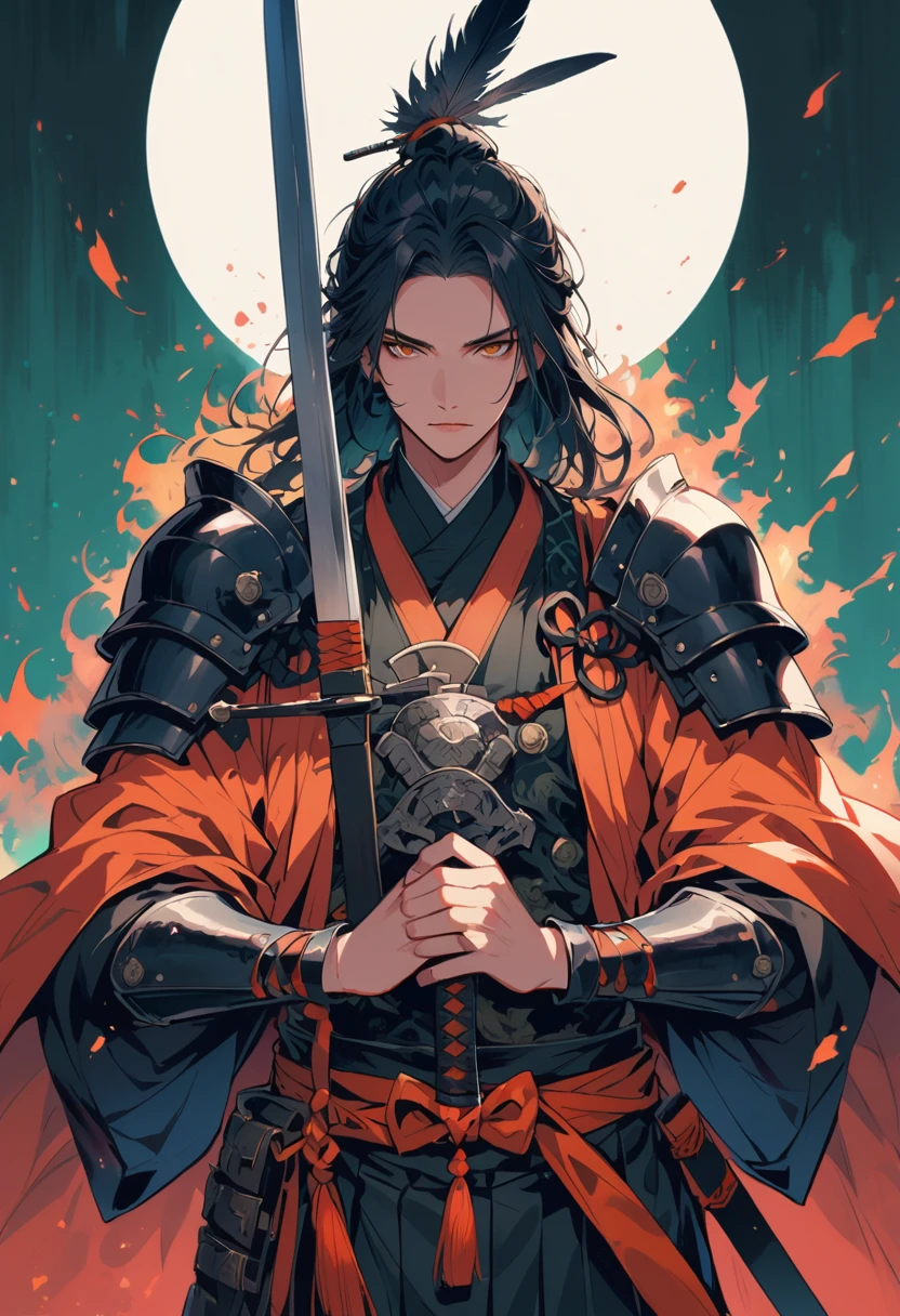 male ronin,has a cape on, Sword in both hands, Aura, wears armor with raven feathers