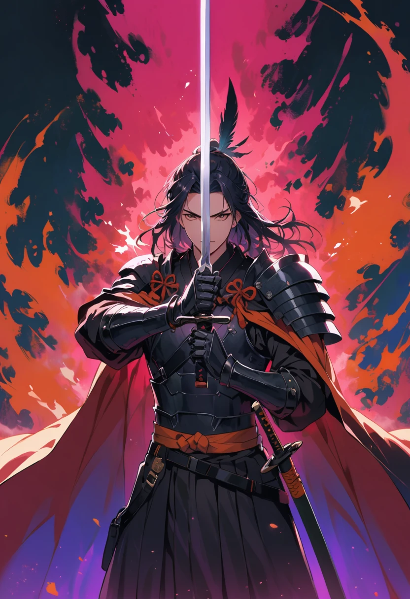 male ronin,has a cape on, Sword in both hands, Aura, wears armor with raven feathers