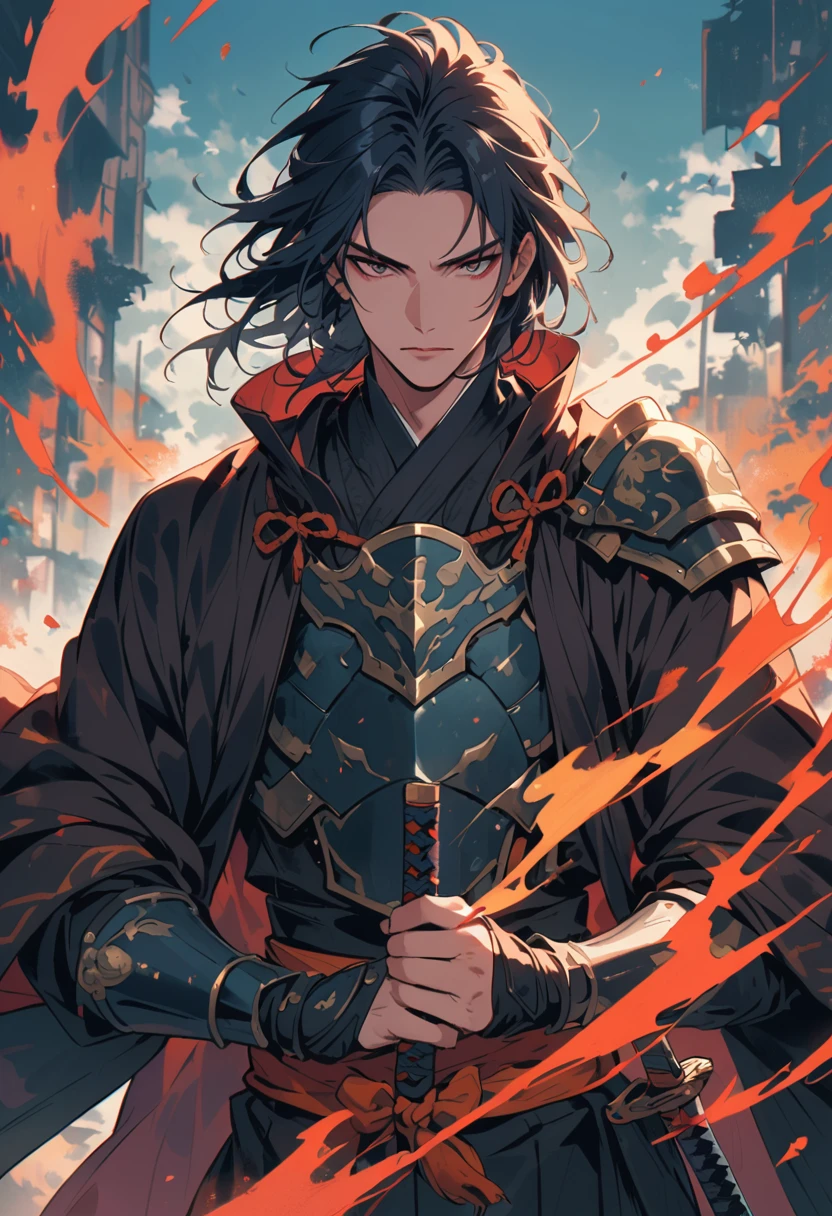 male ronin,has a cape on, Sword in both hands, Aura, wears armor with raven feathers