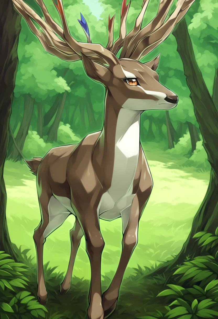 score_9, score_8_up, score_7_up, solo, Xerneas, (close-up), forest, nature, deer, stunning scenery, full body, looking at the viewer