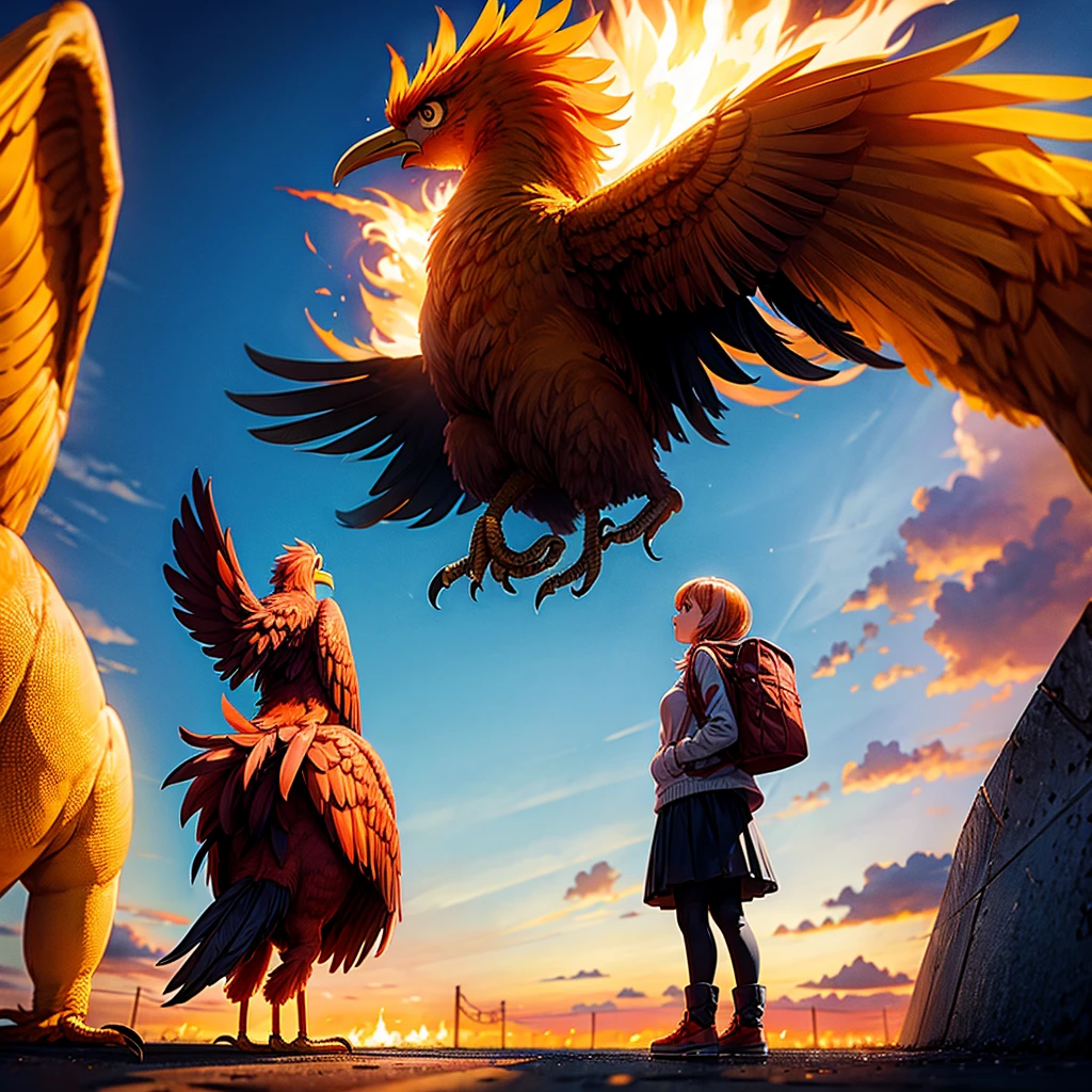 A fiery big bird and the girl standing in front of it