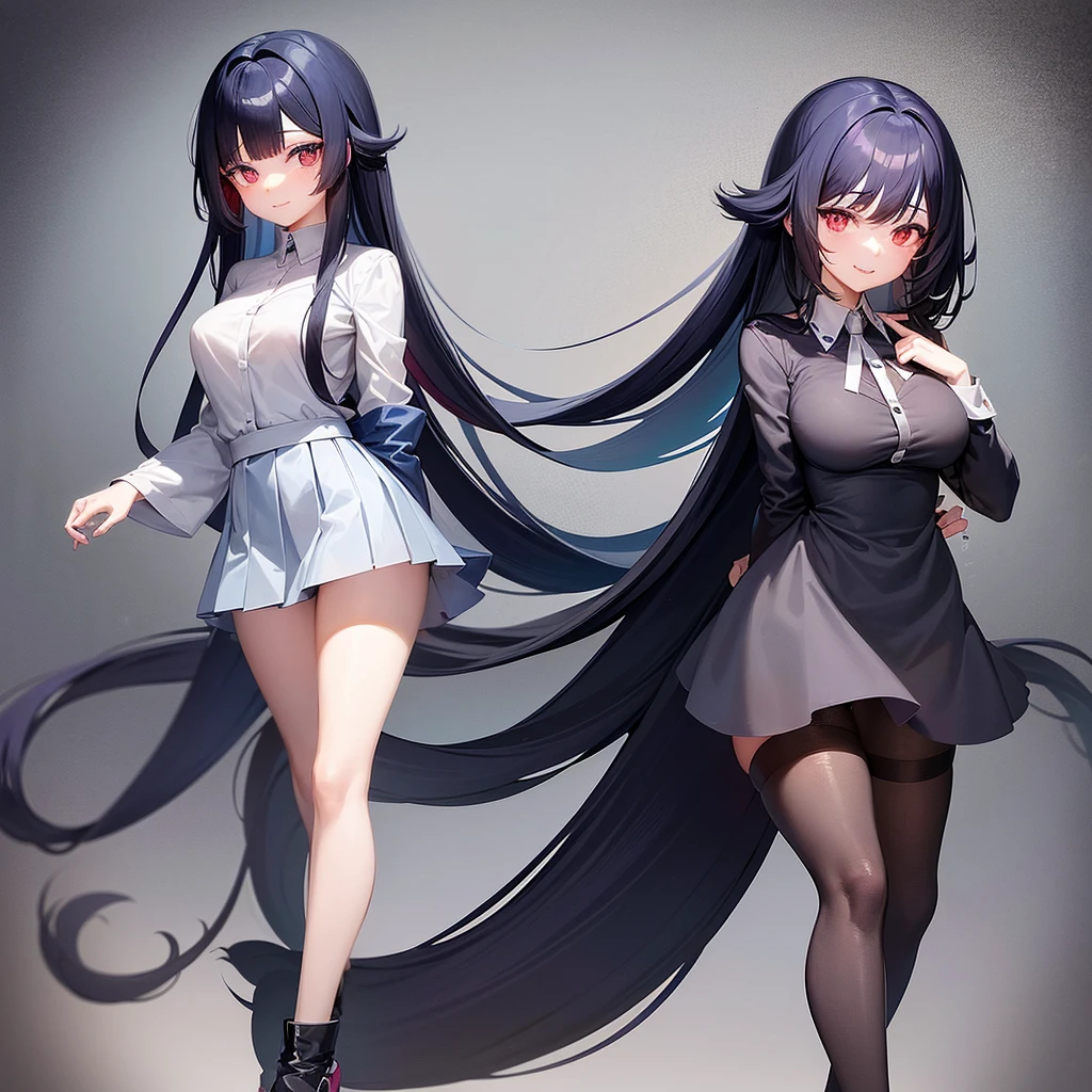 An anime girl with very long dark blue hair with straight bangs with some strands of hair on the side of her cheeks, slanted fuchsia eyes with a smile on her face mature body a mole under each eye with a gray skirt with long stockings up to her legs and a white shirt with blue lines 