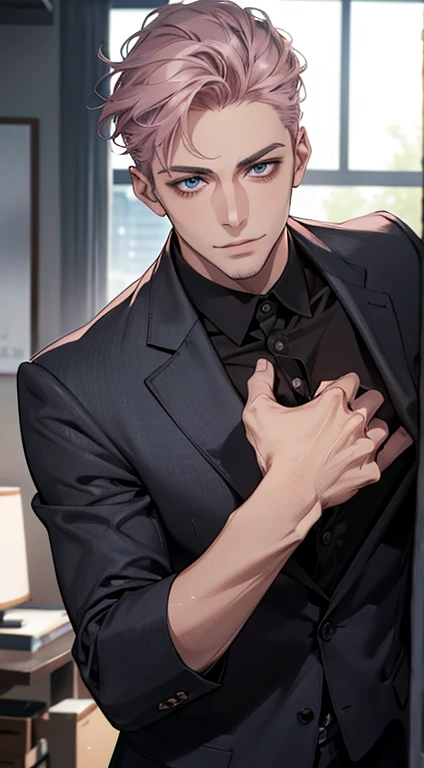 (best quality,4k,8k,highres,masterpiece:1.2),ultra-detailed,(realistic,photorealistic,photo-realistic:1.37),1 man,31 years old,mature man,very handsome,without expression,smile,short grey pink hair,blue eyes,penetrating gaze,perfect face without errors,imposing posture,businessman,office background,cinematic lighting,hdr image