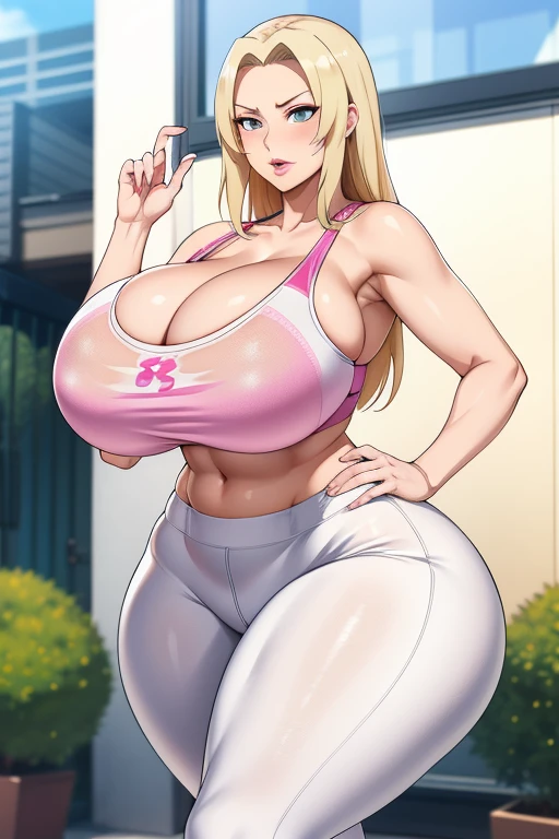 Tsunade Senju, 1 girl, (())), long and blond hair, thick lips, Wide hips, thick thighs, huge ass, ging for expensive lust , hhuge natural breasts, necmature mother, see h white yoga pants, Pink sports bra, run, bouncing breasts
