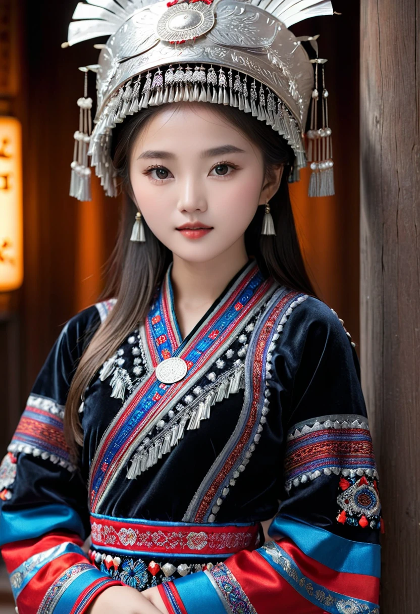 （8K，best quality，masterpiece：1.2），Ultra-high detail，Professional lighting，best quality，Ultra-high resolution，Visually stunning，（1 girl：1.1），（Miao clothing、hat），Real human skin，（Perfect body 1.3）Super delicate face。