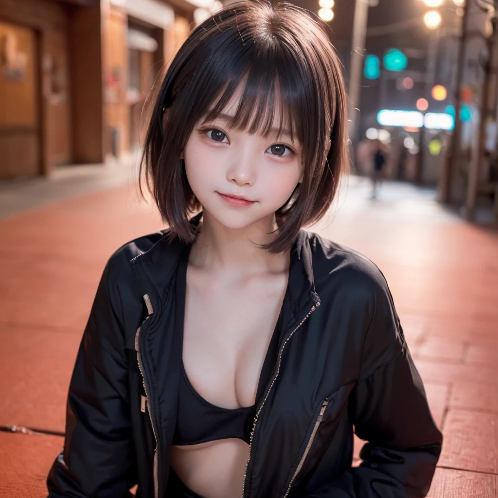 (((Beautiful girl small breasts))),Wearing a black jacket、Cyberpunk Red Green Background、(((Upper body naked))),smile,(((Small body))),(((Cute  sister))),１０age、Young、Elemen face,Big eyes, Round eyes、No makeup、Sweaty,(((Nipples exposed through the gap in her clothes)))、(((Nipple details)))