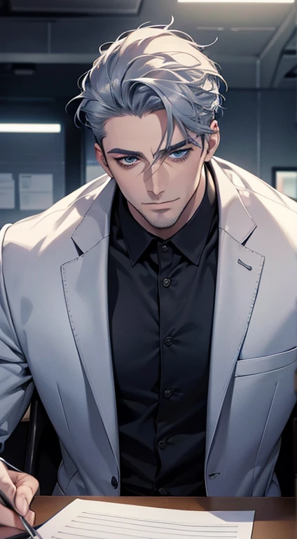 (best quality,4k,8k,highres,masterpiece:1.2),ultra-detailed,(realistic,photorealistic,photo-realistic:1.37),1 man,31 years old,mature man,very handsome,without expression,smile,short grey blue hair,blue eyes,penetrating gaze,perfect face without errors,imposing posture,businessman,office background,cinematic lighting,hdr image