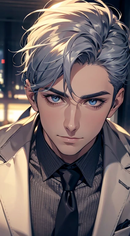 (best quality,4k,8k,highres,masterpiece:1.2),ultra-detailed,(realistic,photorealistic,photo-realistic:1.37),1 man,31 years old,mature man,very handsome,without expression,smile,short grey blue hair,blue eyes,penetrating gaze,perfect face without errors,imposing posture,businessman,office background,cinematic lighting,hdr image