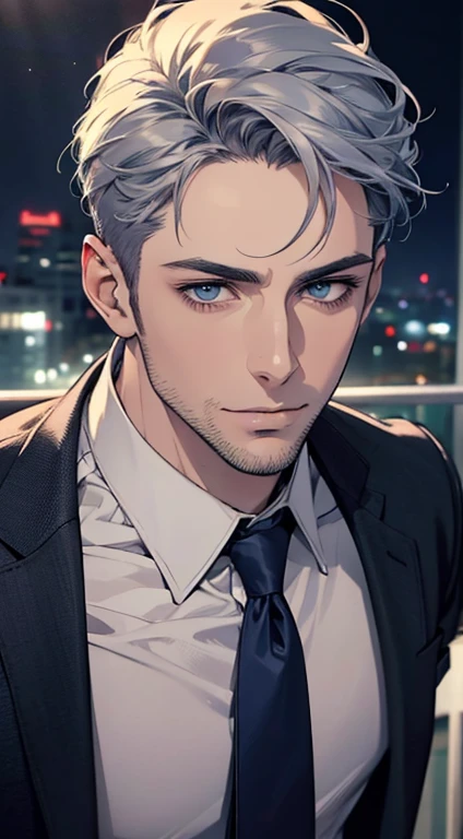 (best quality,4k,8k,highres,masterpiece:1.2),ultra-detailed,(realistic,photorealistic,photo-realistic:1.37),1 man,31 years old,mature man,very handsome,without expression,smile,short grey blue hair,blue eyes,penetrating gaze,perfect face without errors,imposing posture,businessman,office background,cinematic lighting,hdr image