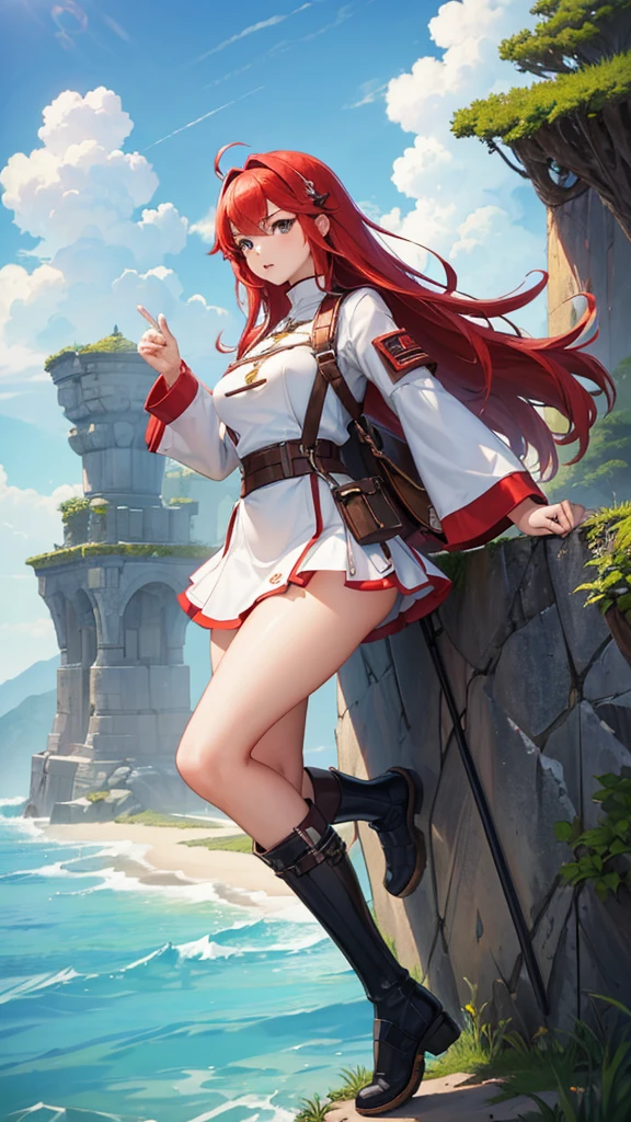 (masterpiece, 4K ,Super detailed:1.2), (anime:1), whole body側面図, jRPG Characters, jRPG Characters art, RPG Characters, View Viewer, Red hair, ((Female Swordsman), (Medieval), whole body, (Perfect quality), Pure white background, Lots of white space, whole bodyが写っている, mini skirt, whole body写真, Heavy equipment, Adventure boots, Adult women