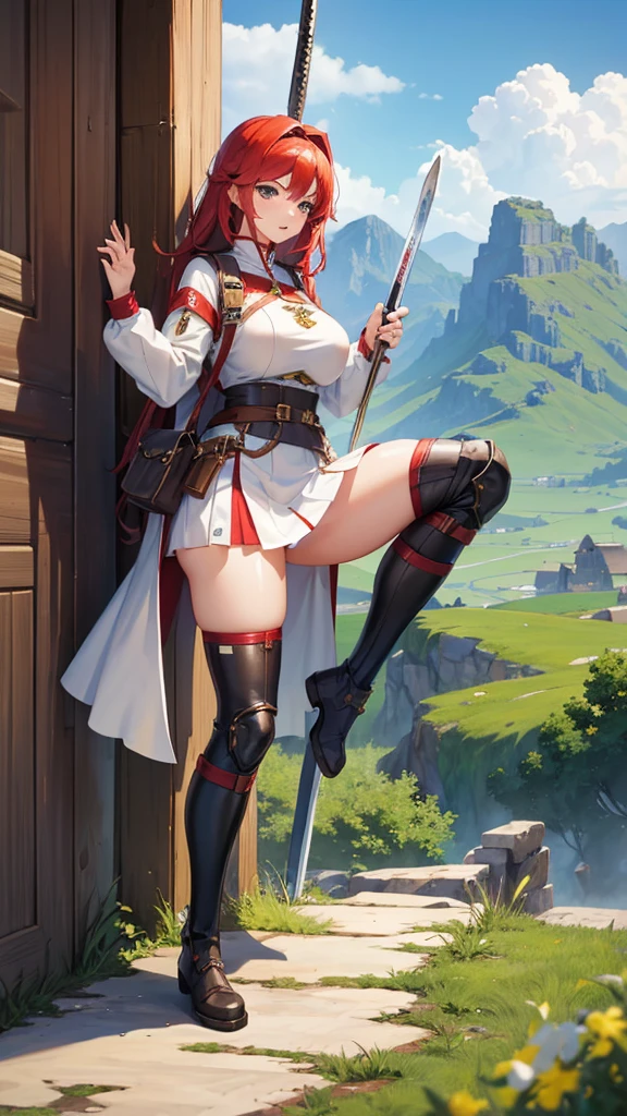 (masterpiece, 4K ,Super detailed:1.2), (anime:1), whole body側面図, jRPG Characters, jRPG Characters art, RPG Characters, View Viewer, Red hair, ((Female Swordsman), (Medieval), whole body, (Perfect quality), Pure white background, Lots of white space, whole bodyが写っている, mini skirt, whole body写真, Heavy equipment, Adventure boots, Adult women