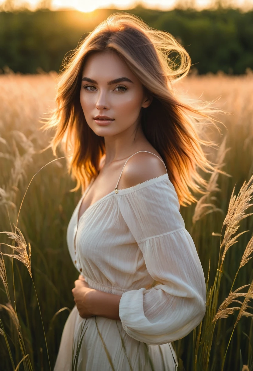 a woman standing in a field of tall grass with the sun setting, gorgeous woman, cinematic beautiful natural skin, attractive woman, attractive girl, photo of a beautiful woman, gorgeous attractive face, extremely beautiful face, in a field, beautiful female model, portrait of a beautiful model, soft portrait shot 8 k, beautiful delicate face, a beautiful young woman, attractive beautiful face