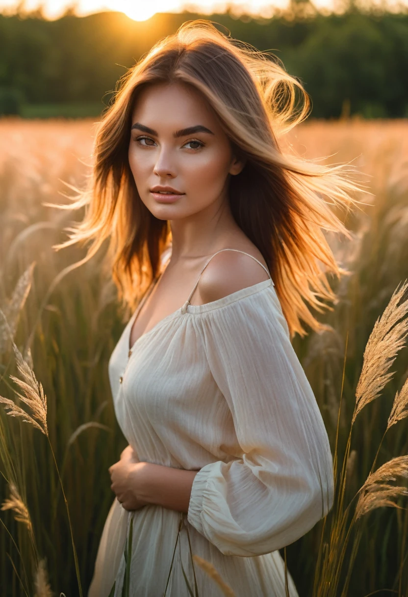 a woman standing in a field of tall grass with the sun setting, gorgeous woman, cinematic beautiful natural skin, attractive woman, attractive girl, photo of a beautiful woman, gorgeous attractive face, extremely beautiful face, in a field, beautiful female model, portrait of a beautiful model, soft portrait shot 8 k, beautiful delicate face, a beautiful young woman, attractive beautiful face