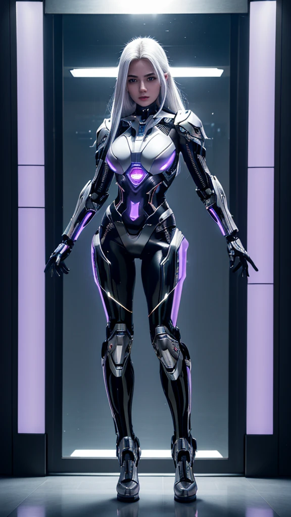1girl, ultra realistic, ultra crisp, NVIDIA RTX, unreal engine, perfect slim body, realistic face, perfect face, realistic body, epic skin details, white hair, hair blown with strong winds, hyper rendering, ultra details, glowing eyes, purple eyes, blush, parted lips, cybernetic ear, cybernetic metalic hands, cybernetic metalic legs, luminous cybernetic futuristic metalic mechanical body, ultra realistic lights reflection details, ((full body shown)), from below, posing in the middle.