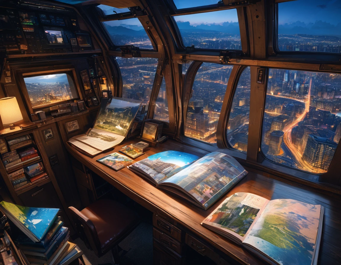 View from the airship cabin, Night view of skyscrapers, (Ultra-high resolution,8K),Fantasy, The world of picture books, (Highest quality), Super detailed, Outstanding Image, (Photorealistic)