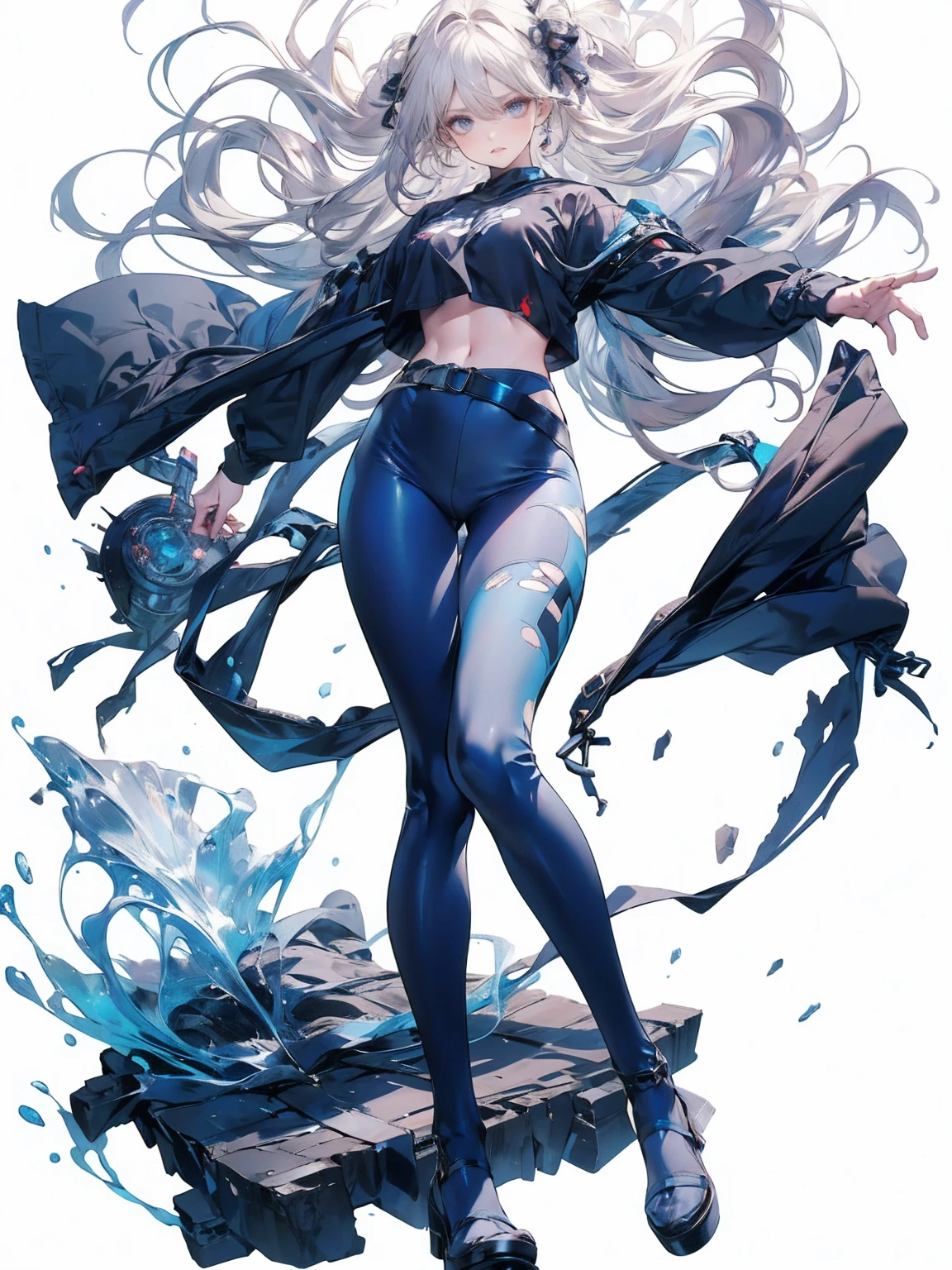 , (White Hair Girl), (Thick, dark blue eyebrows:1.4), (Dark blue eyebrows:1.7), (Thick eyebrows:1.3), (Huge black fluffy animal ears:1.1), (Black animal ears:1.1), BREAK, (((Mesh Stitching Crop T-Shirt, Cutout Long Sleeve Top))),BREAK, (Big Breasts:1.2, Thick legs, Adult female body, Sturdy body:1.5, Japanese style costume:1.5, Beautifully colored kimono:1.5,), ((Action pose:1.4 )), (sharp eyes, Ultra-high definition CG, Precisely designed costumes, 4K, 8K, Ultra-high definition CG, Precisely designed costumes, Clear lines, Expressive and Captivating Eyes, Fine Details and Realistic Textures, cinematic lighting), ((white background)), BREAK, (Wearing black leggings with holes), Skinny sleeves, (Torn and holey leggings:1.2)(Black leggings:1.4), (過剰なRuggedThick soleブーツを履いています:1.2), (Thick sole:1.5), (Big shoes:1.3),