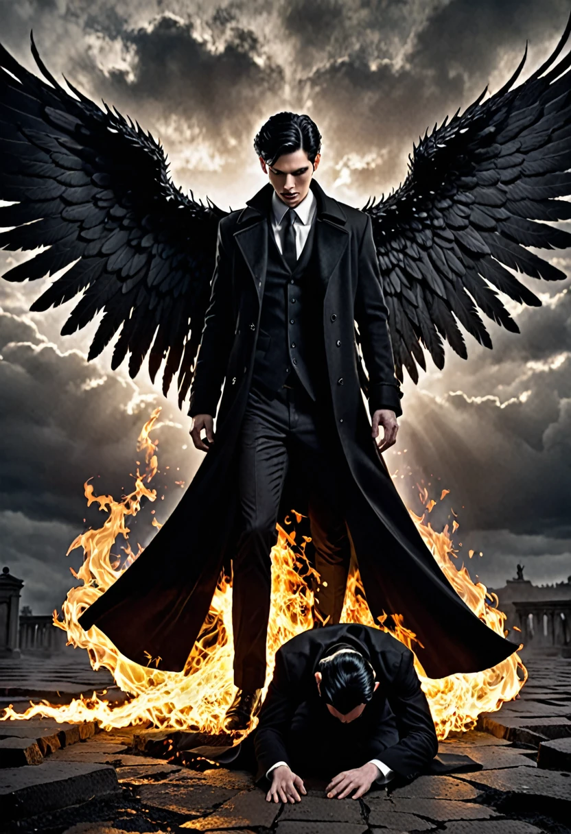 Dark Book Cover:
A man who is a fallen angel dominates the scene, its immense black wings contrasting with its pale skin. Her short black hair falls wildly over her face., partially hiding your dark eyes. He is kneeling, with one knee touching the rough ground, wrapped in a long black overcoat that flaps in the wind. Behind him, a flaming portal to hell emerges, radiating a sinister and threatening light, projecting shadows that seem to move with a life of their own. The atmosphere is filled with despair and mystery, capturing the essence of a world lost between redemption and damnation.