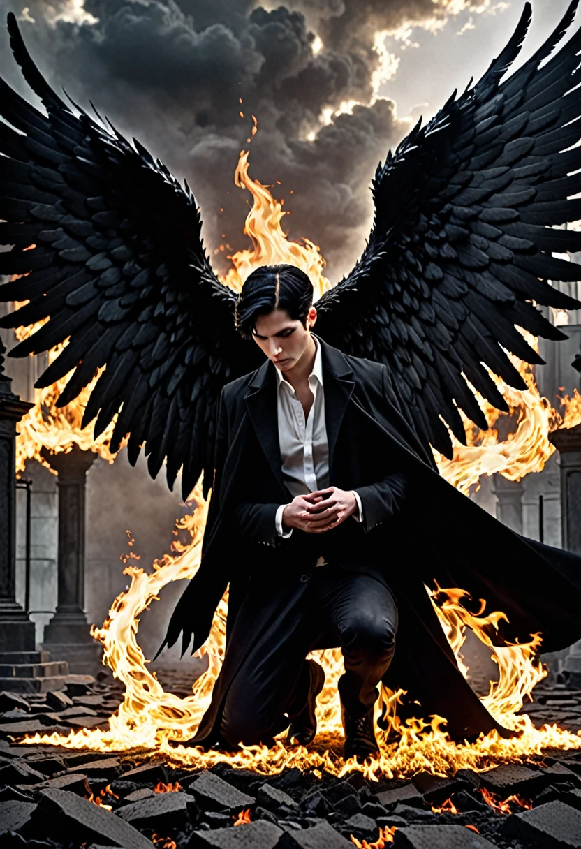 Dark Book Cover:

A man who is a fallen angel dominates the scene, its immense black wings contrasting with its pale skin. Her short black hair falls wildly over her face., partially hiding your dark eyes. He is kneeling, with one knee touching the rough ground, wrapped in a long black overcoat that flaps in the wind. Behind him, a flaming portal to hell emerges, radiating a sinister and threatening light, projecting shadows that seem to move with a life of their own. The atmosphere is filled with despair and mystery, capturing the essence of a world lost between redemption and damnation.


