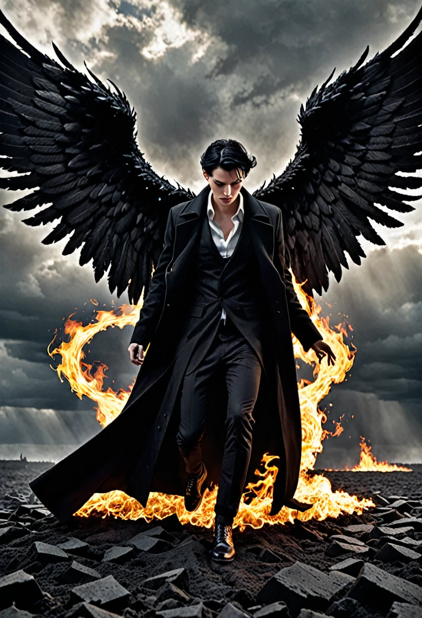 Dark Book Cover:

A man who is a fallen angel dominates the scene, its immense black wings contrasting with its pale skin. Her short black hair falls wildly over her face., partially hiding your dark eyes. He is kneeling, with one knee touching the rough ground, wrapped in a long black overcoat that flaps in the wind. Behind him, a flaming portal to hell emerges, radiating a sinister and threatening light, projecting shadows that seem to move with a life of their own. The atmosphere is filled with despair and mystery, capturing the essence of a world lost between redemption and damnation.

