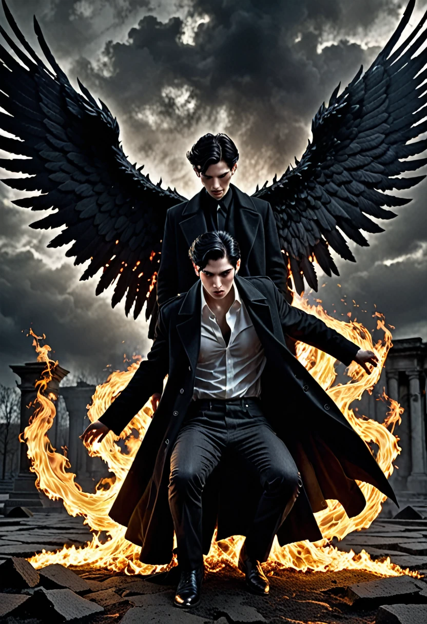 Dark Book Cover:
A man who is a fallen angel dominates the scene, its immense black wings contrasting with its pale skin. Her short black hair falls wildly over her face., partially hiding your dark eyes. He is kneeling, with one knee touching the rough ground, wrapped in a long black overcoat that flaps in the wind. Behind him, a flaming portal to hell emerges, radiating a sinister and threatening light, projecting shadows that seem to move with a life of their own. The atmosphere is filled with despair and mystery, capturing the essence of a world lost between redemption and damnation.