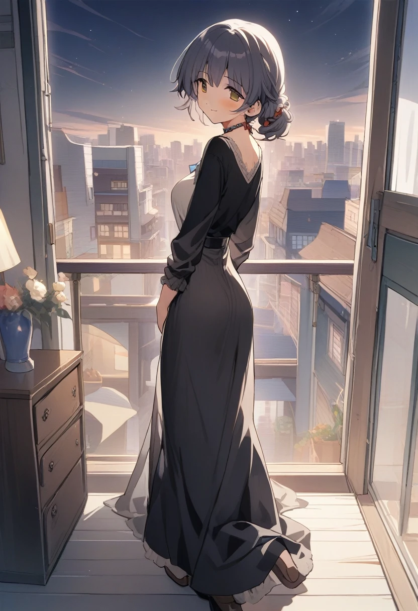 One girl,Nozomi、smile、Gentle expression、Welcome、The whole body is shown、noon、Western-style cityscape、walking、looking back,looking viewer,Cute Long Dress,A complete depiction of the human body、masterpiece, Highest quality, Game CG,
