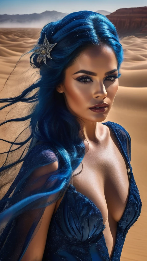 absurdly long hair, longeyelashes, bright pupils, lonely, projected inset, zoom layer, ray tracing, god rays, UHD, masterpiece, retina, anatomically correct, textured skin, super detail, high details, high quality, award winning, best quality, highres, 8k
(Photograph of a 40 yo female Adult model Daisy Marie in sapphire blue ocean haute couture standing in the desert),Haute couture, Witch costume
background:Jupiter,Recife,Sand and foam are swirling,Blue gas vortex, swirling sand and foam, Dust swirls like foam,