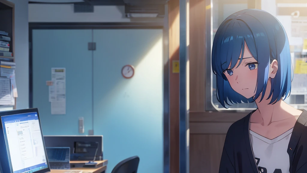 sad blue haired girl in the phone room