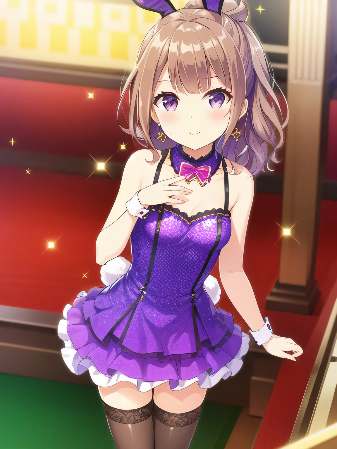 Highest quality, (masterpiece:1.2), Very detailed, (masterpiece), (figure),
,casino、
 Chest cleavage,Bunny girl、Black Stockings、
One girl, alone, Brown Hair, Purple eyes, jewelry, Earrings, chest, bangs, medium chest, Shine, Eyebrows visible through hair, Sparkle, Lens flare,Active, looking up、close、,leaning forward, blush, (View your viewers), smile
