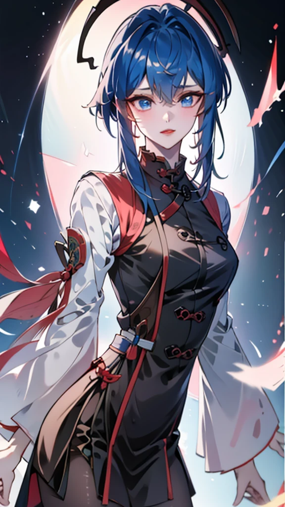 Masterpiece, Best quality, 1 Tang Wu Tong, the expression is cold, strong, blue eyes, short hair, wolfcut hairstyle, smoky mix blue color hair, resolute eyes, red lips, simple Taoist Taoist uniform, Chinese mix morden, frontal photo, black or white background, simple background, anime, illustration, hafl body, Chinese style short-sleeved shirt, cool girl