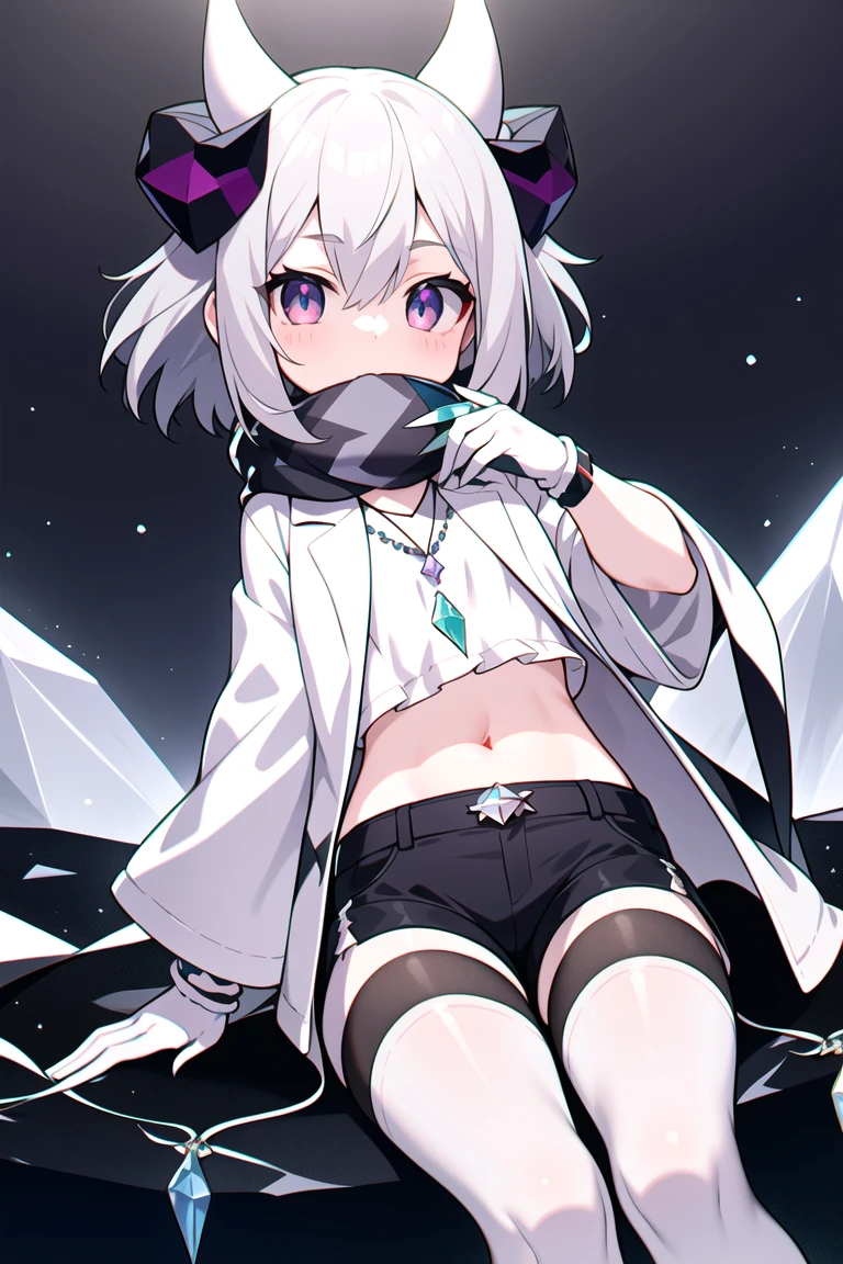 masterpiece, need, 1 Girl, Gray hair, Medium-length hair, A pair of small horns made of colored crystal, Colored eyes, Looking at the audience, lol， The cutest,White scarf, Grey jacket,Short black shorts ,Caves filled with colored crystals，Crop Topping，Just Play，Crystal Pendant