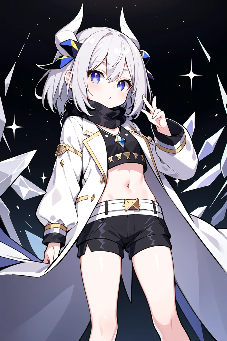 masterpiece, need, 1 Girl, Gray hair, Medium-length hair, A pair of small horns made of colored crystal, Colored eyes, Looking at the audience, lol, The cutest,White scarf, Grey jacket,Short black shorts ,Caves filled with colored crystals,Crop Topping,Just Play,Crystal Pendant