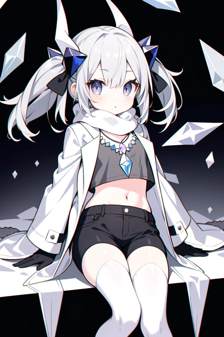 masterpiece, need, 1 Girl, Gray hair, Medium-length hair, A pair of small horns made of colored crystal, Colored eyes, Looking at the audience, lol, The cutest,White scarf, Grey jacket,Short black shorts ,Caves filled with colored crystals,Crop Topping,Just Play,Crystal Pendant