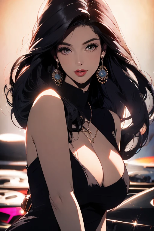[A beautiful, sexy mature 
woman with a seductive smile and parted lips stands against a white background. Dark skin, She has sharp eyelashes, brown eyes, and long black hair with bangs. Her figure is voluptuous, with a narrow waist, broad hips, and huge breasts. The image has an impactful, Genshin-inspired style, rendered in high detail and HDR quality as a stunning work of art.]