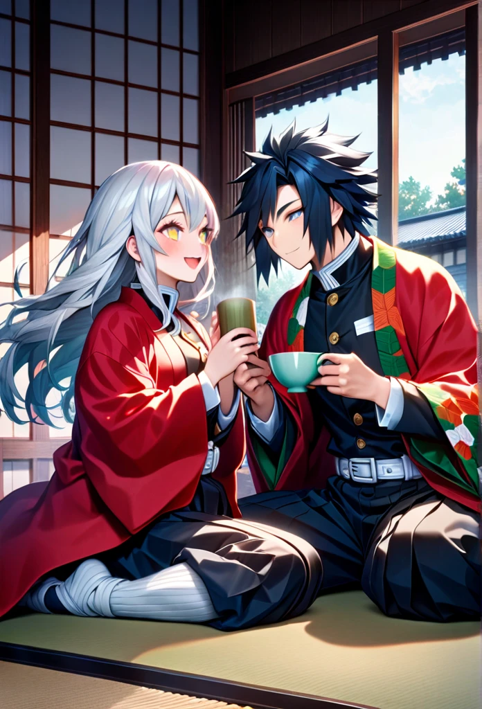 Ultra detailed, high resolution, absurd, HDR, masterpiece, anime girl and boy, beautiful woman (with long white hair with deep red streaks, girl (with yellow eyes), the girl (is wearing a red haori), black demon slayer uniform, Kimetsu No Yaiba, fantasy, beautiful, Tomioka Giyu, Hashira, Tomioka holding a yunomi with tea, couple, romantic, inside a Japanese house, best quality, extremely detailed face, love, romance, anime, they are really in love, they are having fun together, drinking tea, after training they are relaxing having tea together, smiling and laughing, Tomioka is a strong men