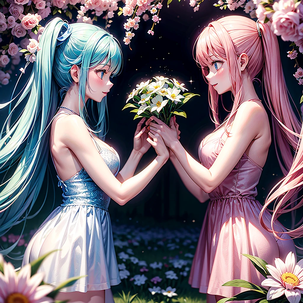 Two lovers in heaven, everywhere is sparkling and full of flowers