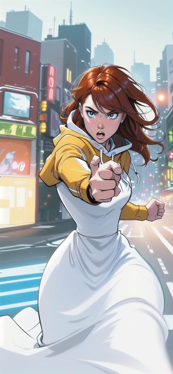 Close up image of 2 subjects, 1girl with auburn colored hair, wearing long sleeve white dress with hood, (running towards camera), (woman looks scared), frightened, running for her life, running away from man wearing armor, getting grabbed by man, down a dirty city alley, futuristic city at (night:1.4), blue and yellow neon signs, chase scene, action scene, thick outlines, comic book style, dynamic camera angle, realistic skin, realistic hands, perfect hands, action lines, motion blur background