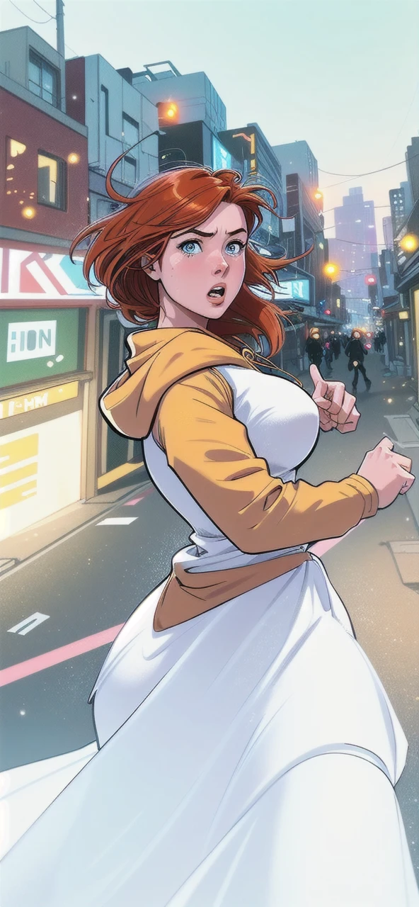 Close up image of 2 subjects, 1girl with auburn colored hair, wearing long sleeve white dress with hood, (running towards camera), (woman looks scared), frightened, running for her life, running away from man wearing armor, getting grabbed by man, down a dirty city alley, futuristic city at (night:1.4), blue and yellow neon signs, chase scene, action scene, thick outlines, comic book style, dynamic camera angle, realistic skin, realistic hands, perfect hands, action lines, motion blur background
