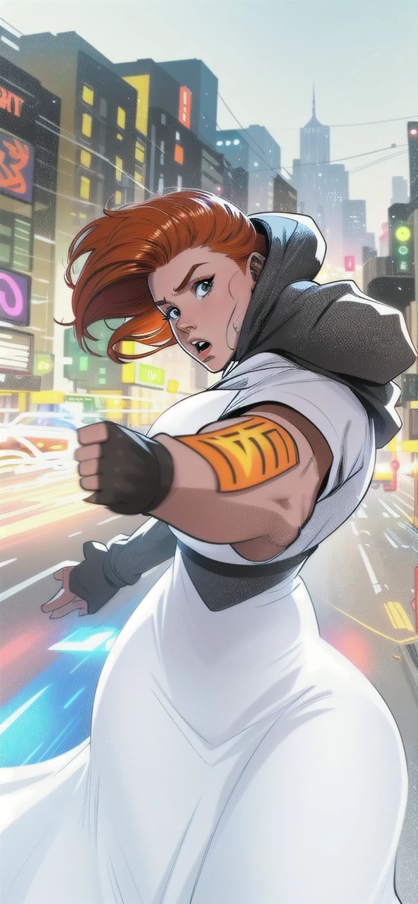 Close up image of 2 subjects, 1girl with auburn colored hair, wearing long sleeve white dress with hood, (running towards camera), (woman looks scared), frightened, running for her life, running away from man wearing armor, getting grabbed by man, down a dirty city alley, futuristic city at (night:1.4), blue and yellow neon signs, chase scene, action scene, thick outlines, comic book style, dynamic camera angle, realistic skin, realistic hands, perfect hands, action lines, motion blur background