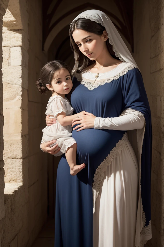 Albanian, girl, long brown hair, blue eyes, Pregnant woman, 7 months pregnant, Brunette, white wedding dress, Mosque setting