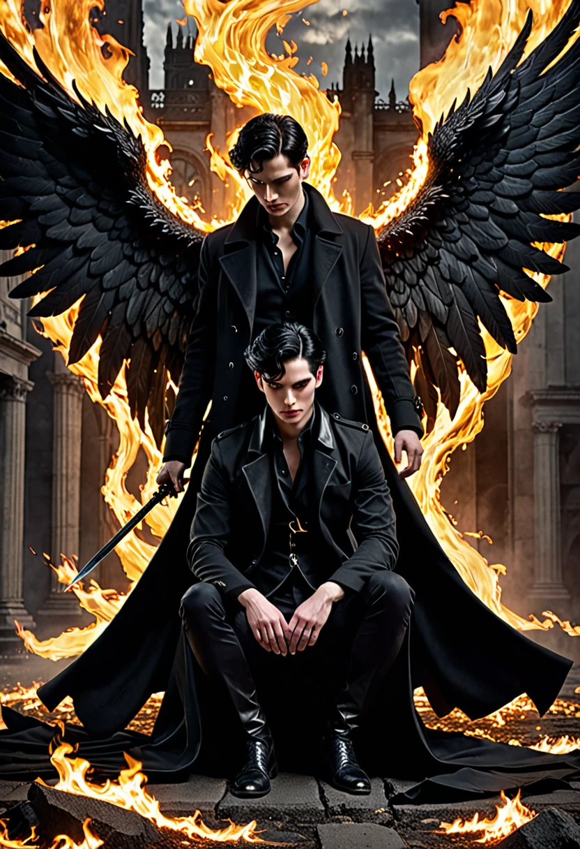 Dark Book Cover:
A man who is a fallen angel dominates the scene, its immense black wings contrasting with its pale skin. Her short black hair falls wildly over her face., partially hiding your dark eyes. He is kneeling, with one knee touching the rough ground, wrapped in a long black overcoat that flaps in the wind. Behind him, a flaming portal to hell emerges, radiating a sinister and threatening light, projecting shadows that seem to move with a life of their own. The atmosphere is filled with despair and mystery, capturing the essence of a world lost between redemption and damnation.