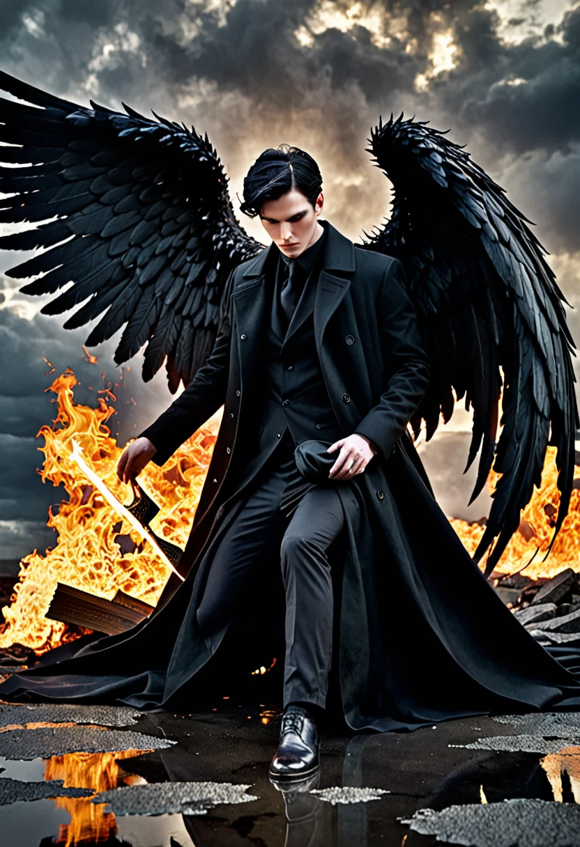 Dark Book Cover:

A man who is a fallen angel dominates the scene, its immense black wings contrasting with its pale skin. Her short black hair falls wildly over her face., partially hiding your dark eyes. He is kneeling, with one knee touching the rough ground, wrapped in a long black overcoat that flaps in the wind. Behind him, a flaming portal to hell emerges, radiating a sinister and threatening light, projecting shadows that seem to move with a life of their own. The atmosphere is filled with despair and mystery, capturing the essence of a world lost between redemption and damnation.

