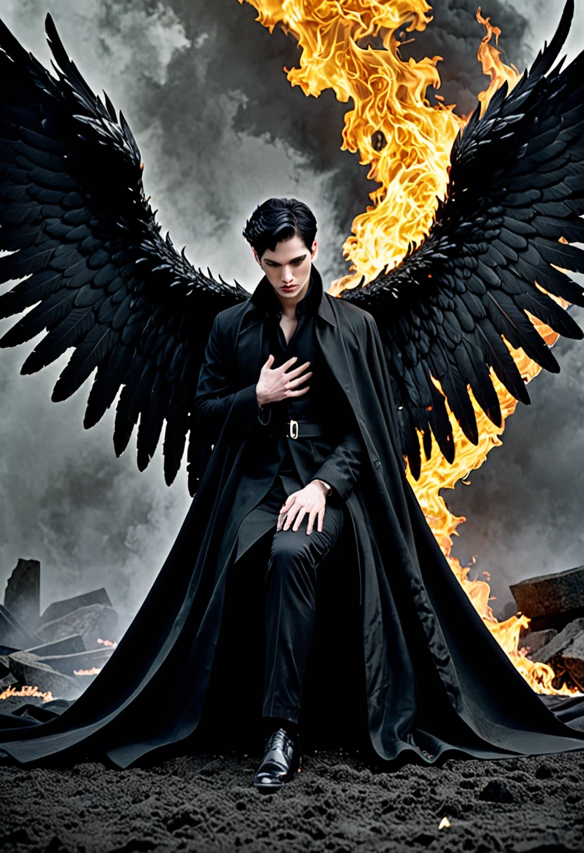 Dark Book Cover:

A man who is a fallen angel dominates the scene, its immense black wings contrasting with its pale skin. Her short black hair falls wildly over her face., partially hiding your dark eyes. He is kneeling, with one knee touching the rough ground, wrapped in a long black overcoat that flaps in the wind. Behind him, a flaming portal to hell emerges, radiating a sinister and threatening light, projecting shadows that seem to move with a life of their own. The atmosphere is filled with despair and mystery, capturing the essence of a world lost between redemption and damnation.


