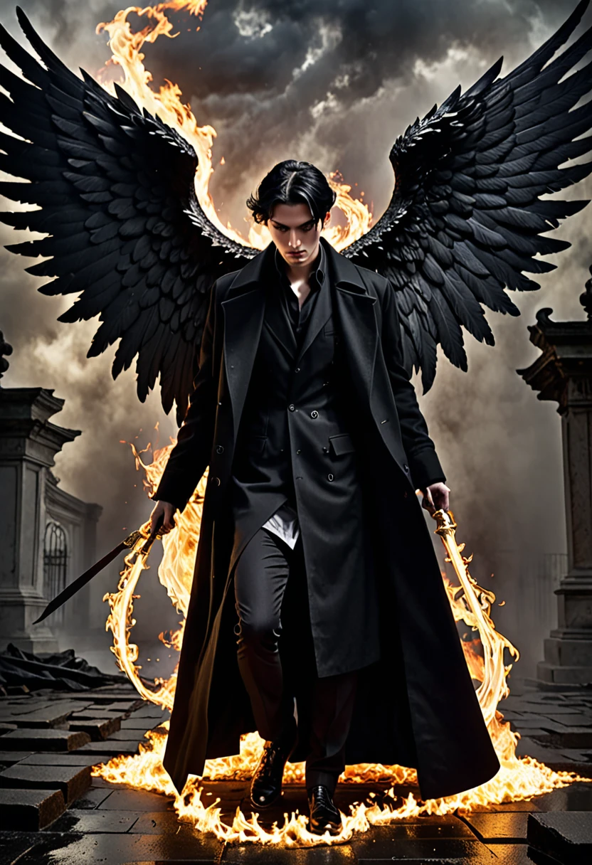 Dark Book Cover:
A man who is a fallen angel dominates the scene, its immense black wings contrasting with its pale skin. Her short black hair falls wildly over her face., partially hiding your dark eyes. He is kneeling, with one knee touching the rough ground, wrapped in a long black overcoat that flaps in the wind. Behind him, a flaming portal to hell emerges, radiating a sinister and threatening light, projecting shadows that seem to move with a life of their own. The atmosphere is filled with despair and mystery, capturing the essence of a world lost between redemption and damnation.