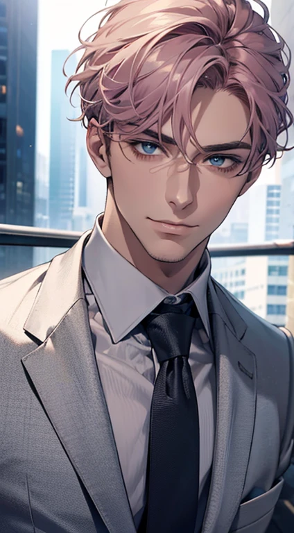 (best quality,4k,8k,highres,masterpiece:1.2),ultra-detailed,(realistic,photorealistic,photo-realistic:1.37),1 man,31 years old,mature man,very handsome,without expression,smile,short grey pink hair,blue eyes,penetrating gaze,perfect face without errors,imposing posture,businessman,office background,cinematic lighting,hdr image