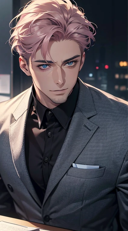 (best quality,4k,8k,highres,masterpiece:1.2),ultra-detailed,(realistic,photorealistic,photo-realistic:1.37),1 man,31 years old,mature man,very handsome,without expression,smile,short grey pink hair,blue eyes,penetrating gaze,perfect face without errors,imposing posture,businessman,office background,cinematic lighting,hdr image