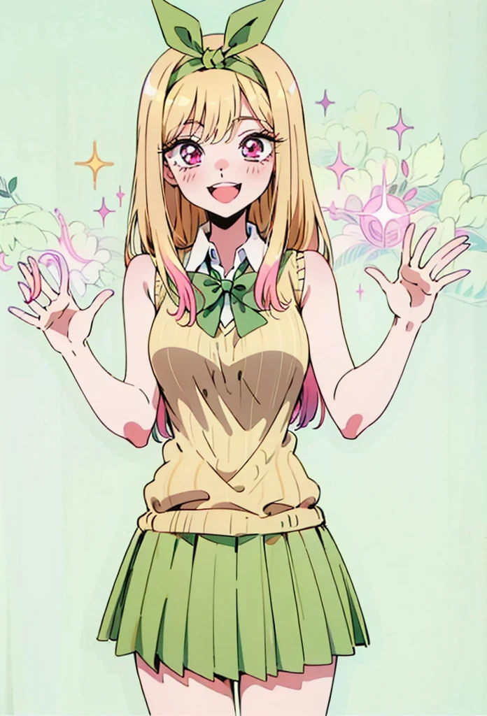 Marin kitagawa, long hair, marin drssed up as Yotsuba Nakano, long blonde hair with pink ends, sparkling pink eyes, sweet face, cheery, playful happy face, lovely, 4k, perfect quality, excellent fusion, excellent character design, green ribbon, sleeveless yellow sweater, collared white short sleeved shirt, green bow tie, green pleated skirt, bright colors, pastel coloured image, vivid colours, light colours, simple background, magic hill background, splendid nature, natural light, daylight, full body, full shot, dinamic pose, extremely detailed, clean lineart, neat, smile