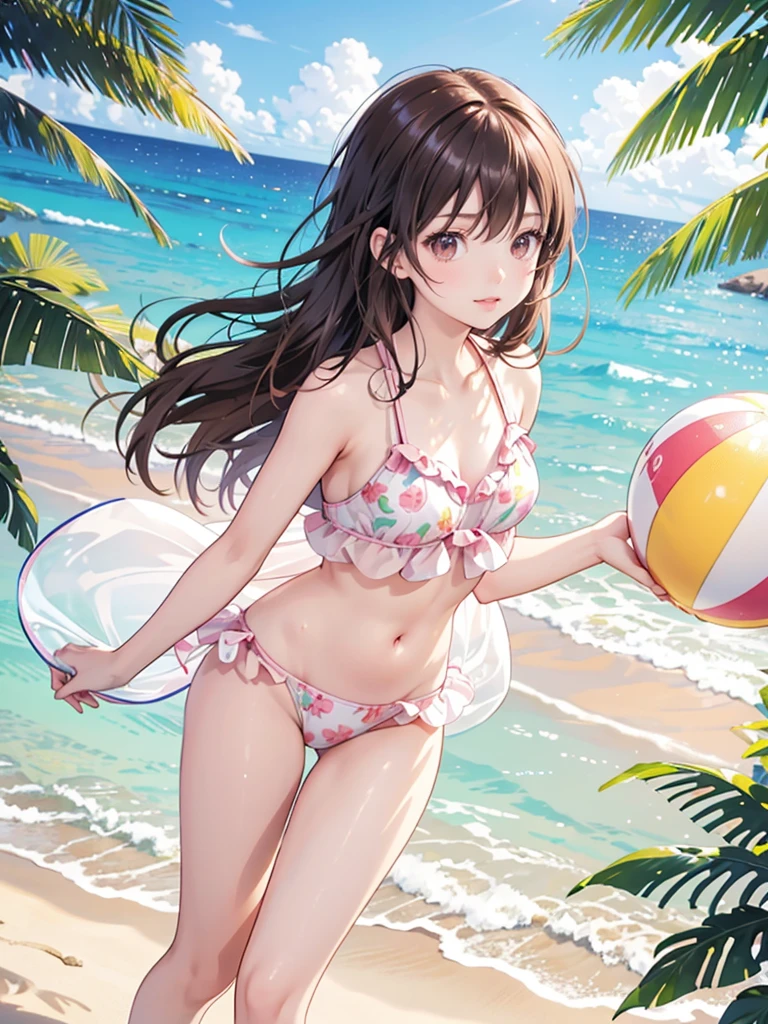 master piece, extremely detailed, high resolution, Makoto Shinkai style, fullbody, Lustrous pink lips, Tan Skin, Tropical island background, Beach Background, very cute, Long Straight Hair, Transparent beach ball with cherry pattern, Having fun with a beach ball, Shining Sweat, Brown Hair, Mid-chest, Narrow waist, fullbody, Glossy, plump lips, Shiny Hair, The water splashes shine and emit seven colors of light., A very cheerful and fun look, swimsuit