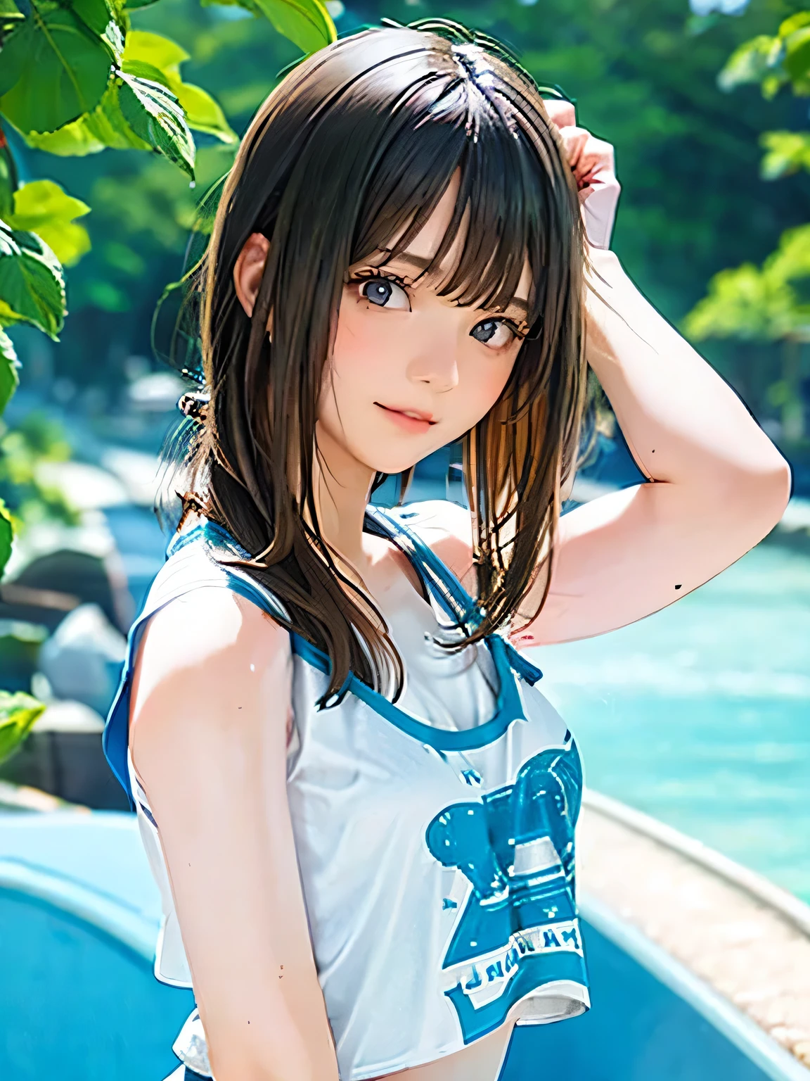 1girl, woman, 20 years old woman, girl in summer clothes, beautiful, medium breasts, flirtatious look, ((very detailed)), photorealistic image, high res, ((tanktop jersey:1.78)), looking at viewer:1.8, (1girl eyes looking at viewer:1.55), camisole, Plain costumes, Simple Background, Emphasis on the chest, Hands behind the body, White outfit, whole body, Raise your arms and show your armpits, show your armpits, photorealistic, (bokeh), best quality, 8k, UHD