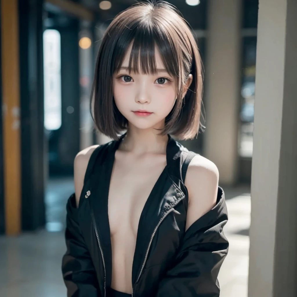 highest quality, soft light, ultra high resolution, 8K, (realistic:1.4), Raw photo,  pretty girl, alone, (((flat chest))), down blouse, small breasts, sensual, Detailed bra with embellishments,overlap short sleeve black shirt ,(small box),(High resolution details of human skin texture), short hair,necklace ,From above 